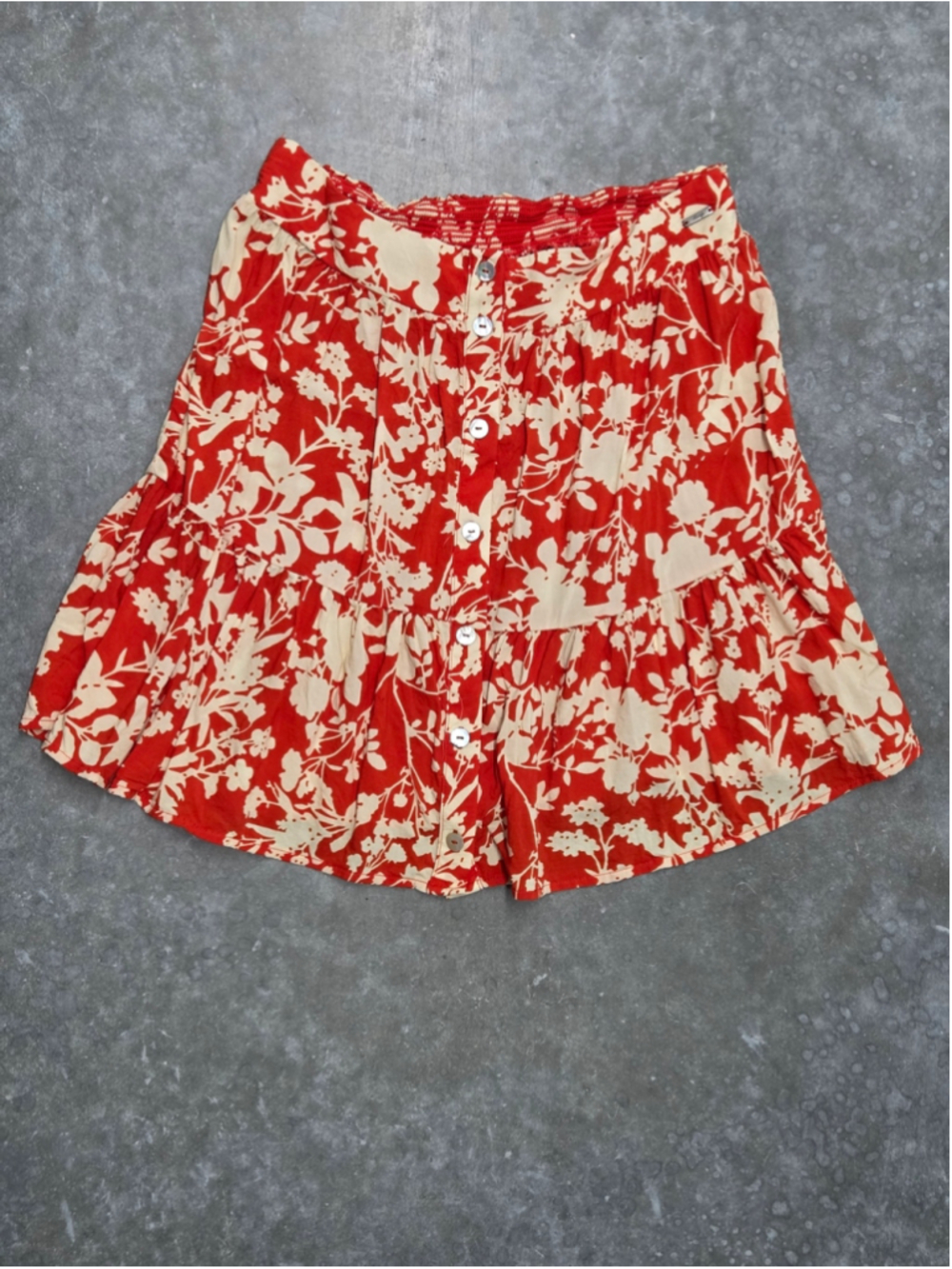 Maaji Smocked Tiered Ruffle Mini Skirt Medium Coral Orange Floral Boho Beach